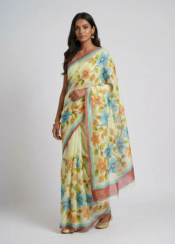 Multicolor Printed Silk Saree Without Blouse Piece One Size