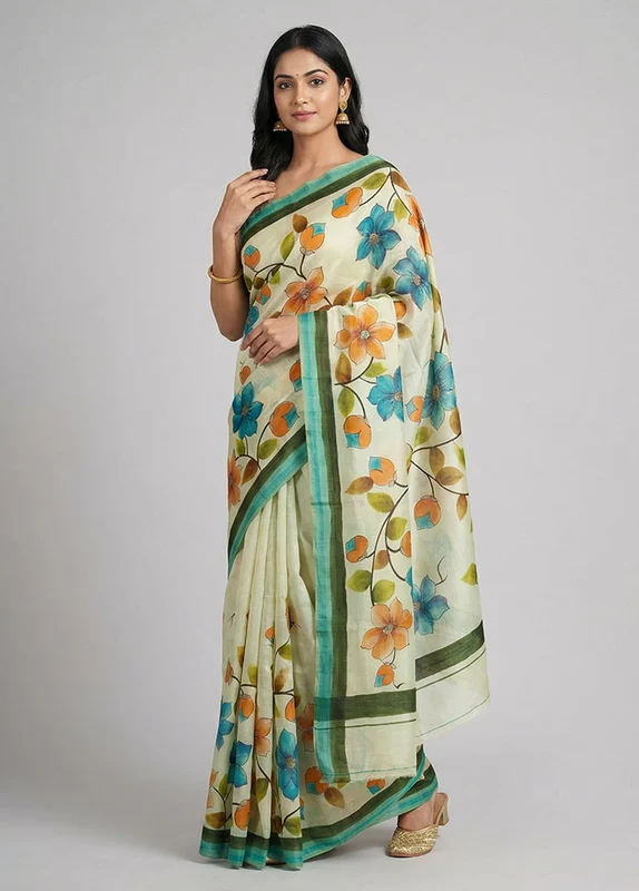 Multicolor Printed Silk Saree Without Blouse Piece One Size