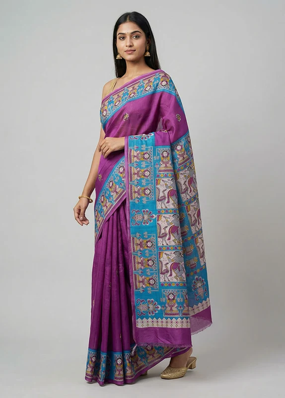 Purple Printed Silk Saree Without Blouse Piece One Size