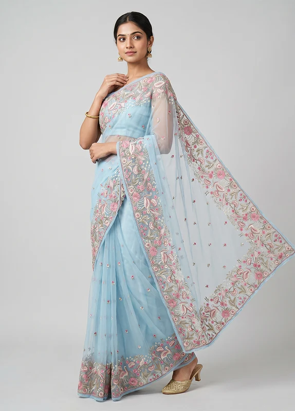 Green Organza Saree With Blouse Piece One Size