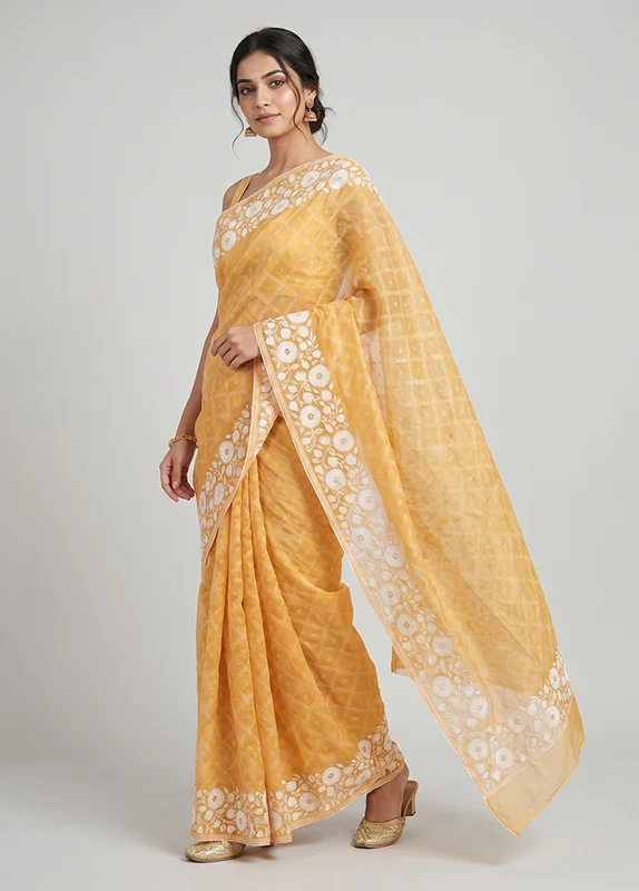 Orange Organza Saree With Blouse Piece One Size