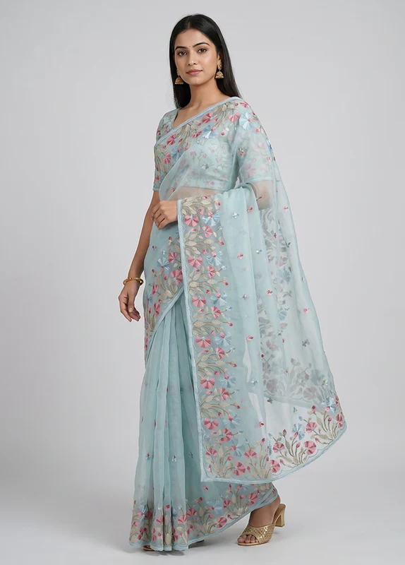 Green Organza Saree With Blouse Piece One Size