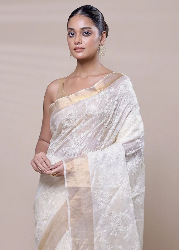 White Handloom Tussar Pure Silk Saree With Blouse Piece Onesize