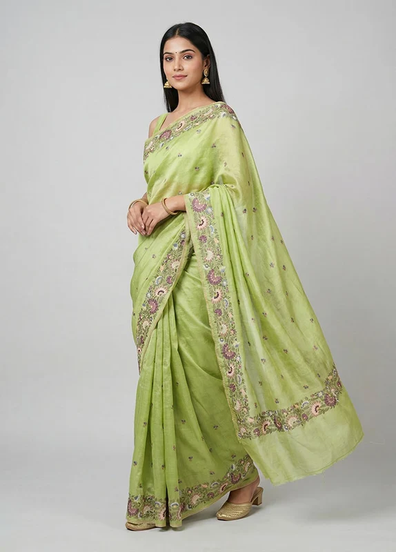 Green Handloom Tussar Pure Silk Saree With Blouse Piece One Size