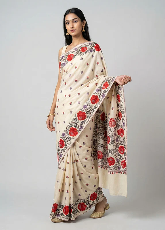 Cream Handloom Tussar Pure Silk Saree With Blouse Piece One Size