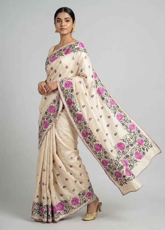 Cream Handloom Tussar Pure Silk Saree With Blouse Piece One Size