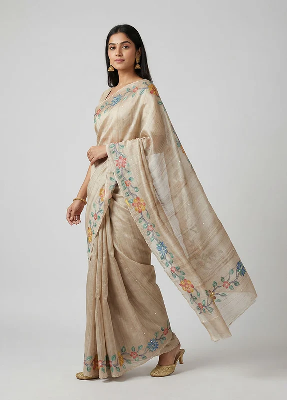Cream Handloom Tussar Pure Silk Saree With Blouse Piece One Size