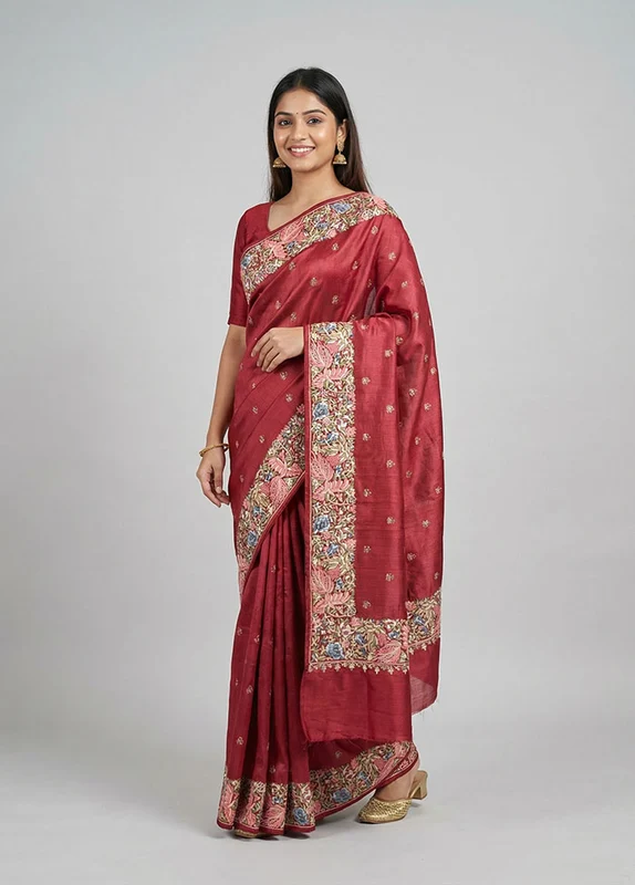 Red Handloom Tussar Pure Silk Saree With Blouse Piece One Size