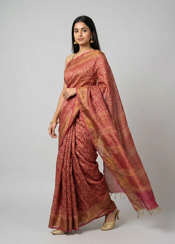 Pink Handloom Tussar Silk Saree With Blouse Piece One Size