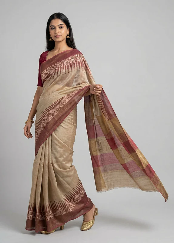 Cream Handloom Tussar Pure Silk Saree With Blouse Piece One Size