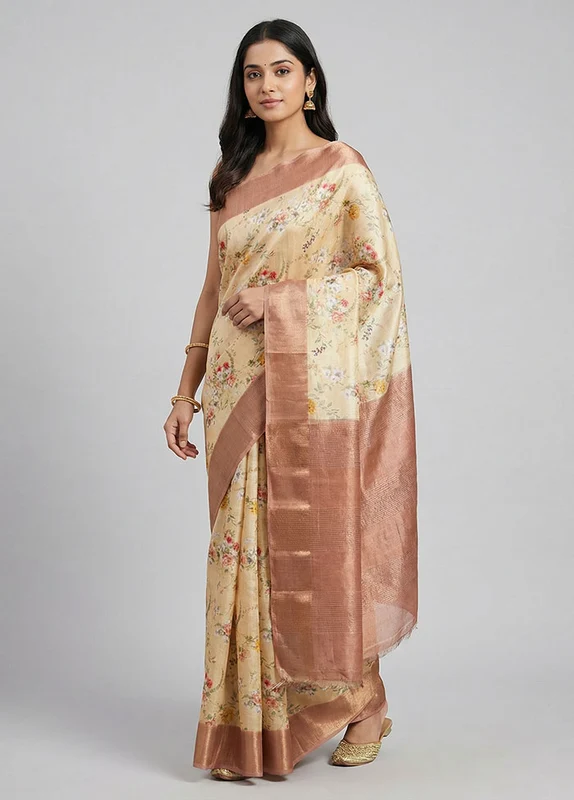 Cream Handloom Tussar Pure Silk Saree With Blouse Piece One Size