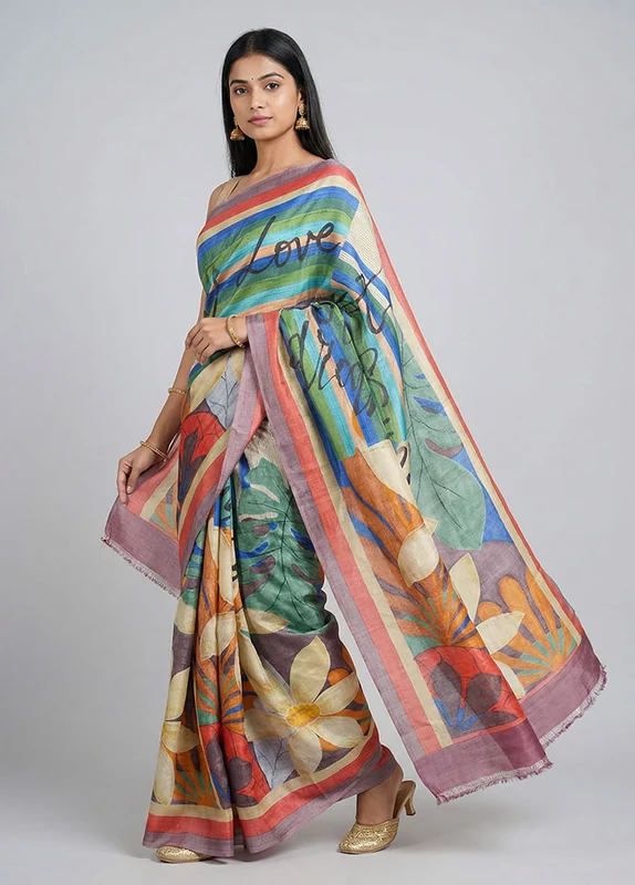 Cream Handloom Tussar Pure Silk Saree With Blouse Piece One Size