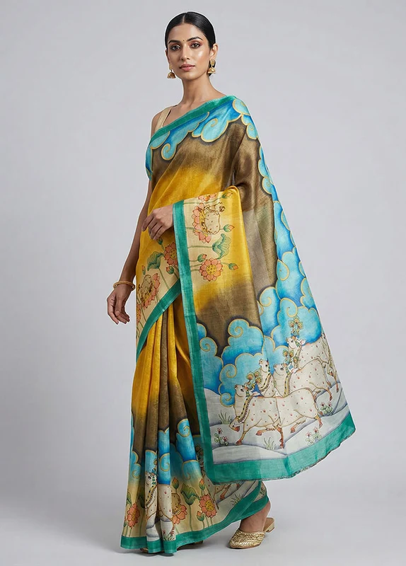 Yellow Handloom Tussar Pure Silk Saree With Blouse Piece One Size