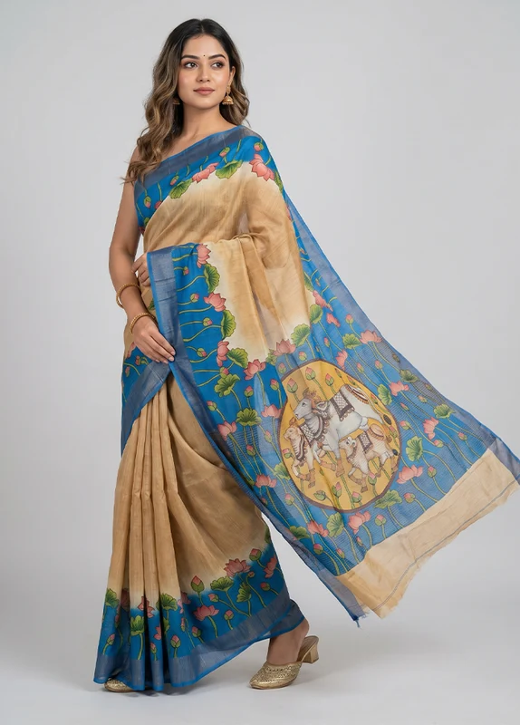 Cream Handloom Tussar Pure Silk Saree With Blouse Piece One Size