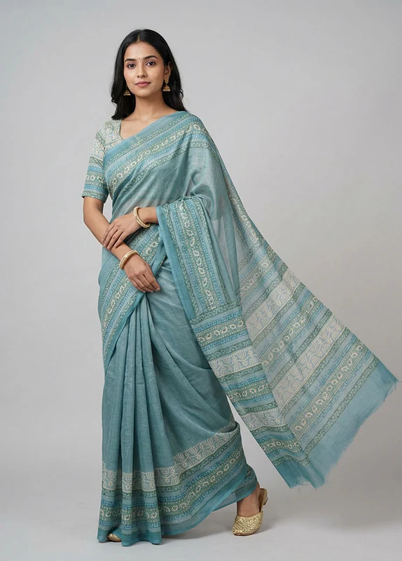 Green Handloom Tussar Pure Silk Saree With Blouse Piece One Size