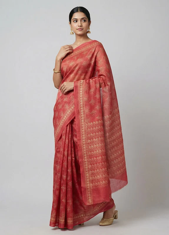 Pink Handloom Tussar Pure Silk Saree With Blouse Piece One Size