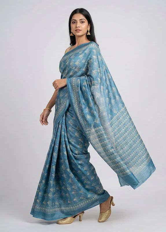 Green Handloom Tussar Pure Silk Saree With Blouse Piece One Size