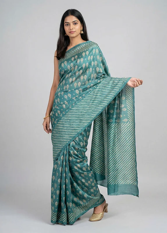 Green Handloom Tussar Pure Silk Saree With Blouse Piece One Size