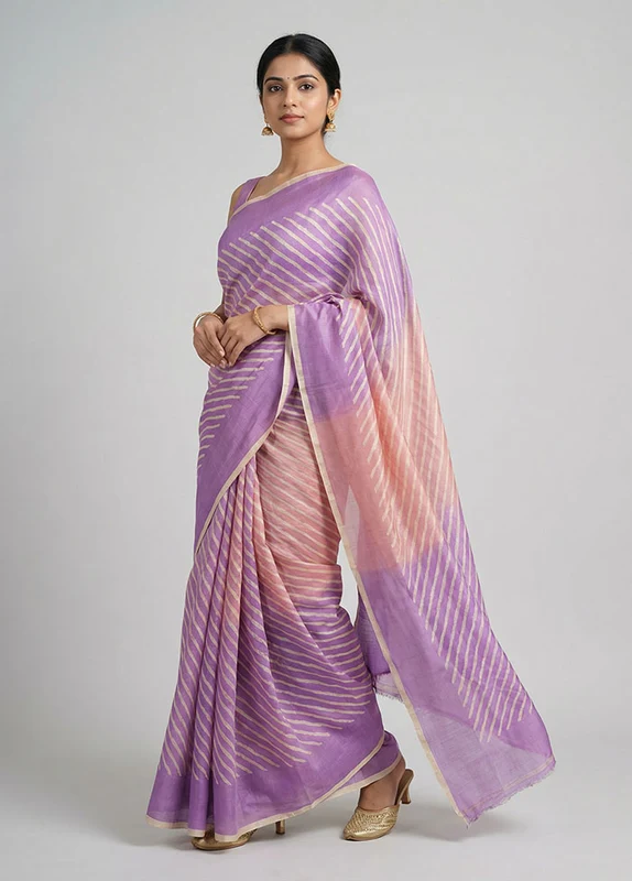 Pink Handloom Tussar Pure Silk Saree With Blouse Piece One Size