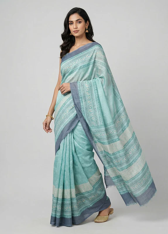 Green Handloom Tussar Pure Silk Saree With Blouse Piece One Size