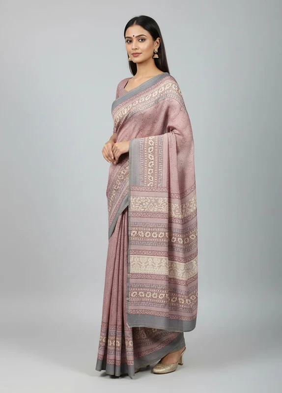 Purple Handloom Tussar Pure Silk Saree With Blouse Piece One Size