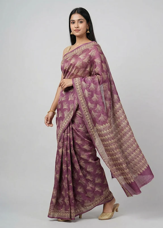 Purple Handloom Tussar Pure Silk Saree With Blouse Piece One Size