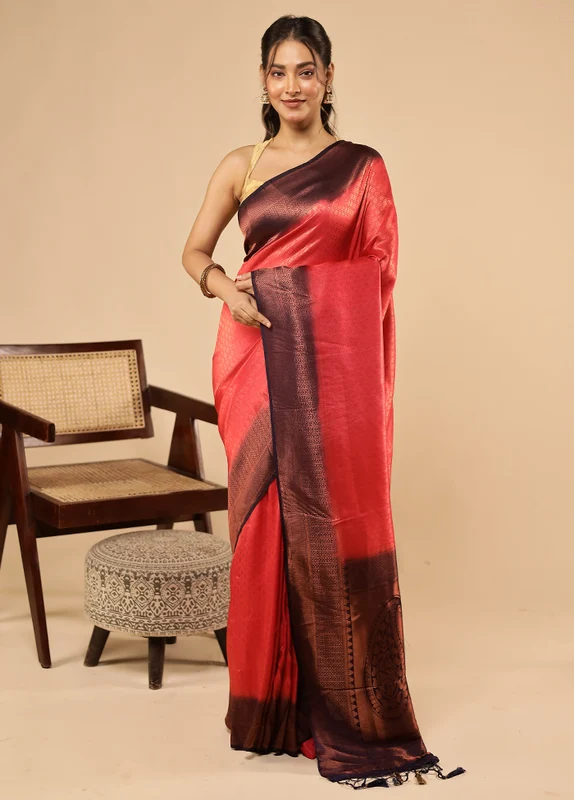 Pink Dupion Silk Saree With Blouse Piece One Size