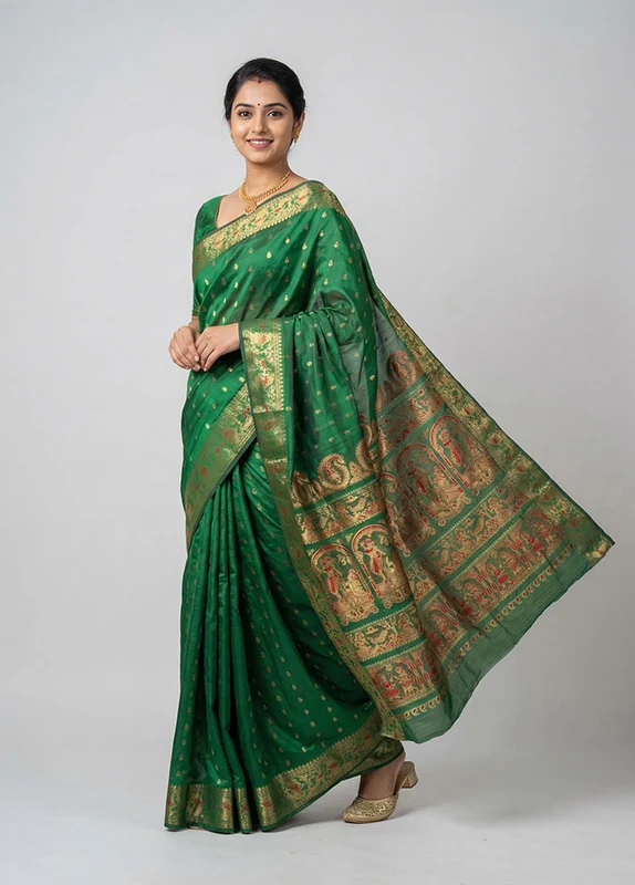 Green Handloom Baluchari Pure Silk Saree With Blouse Piece One Size