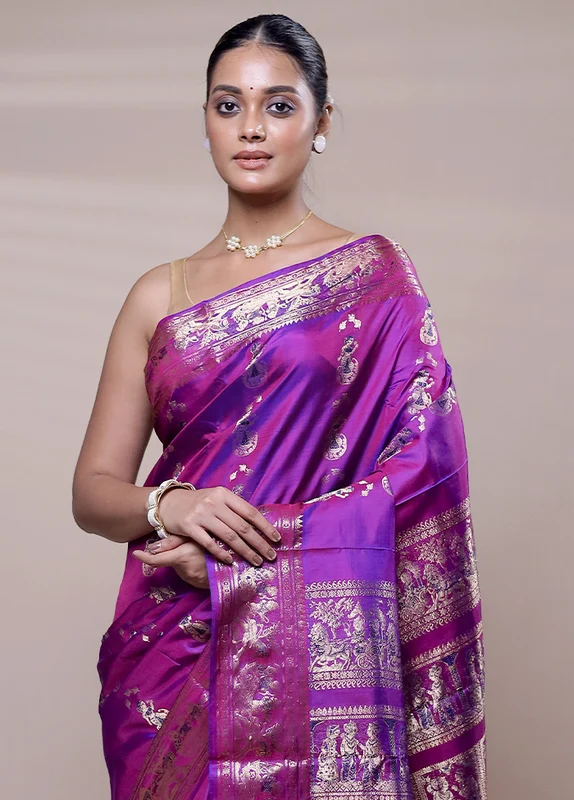 Purple Handloom Baluchari Pure Silk Saree With Blouse Piece Onesize