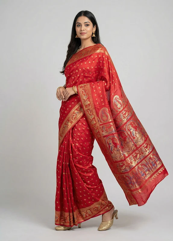 Red Handloom Baluchari Pure Silk Saree With Blouse Piece One Size