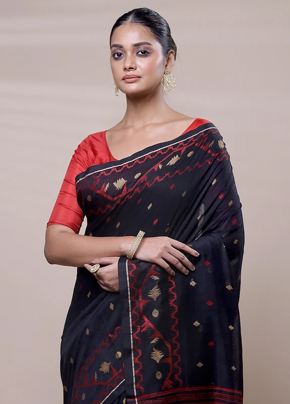 Black Cotton Saree With Blouse Piece Onesize