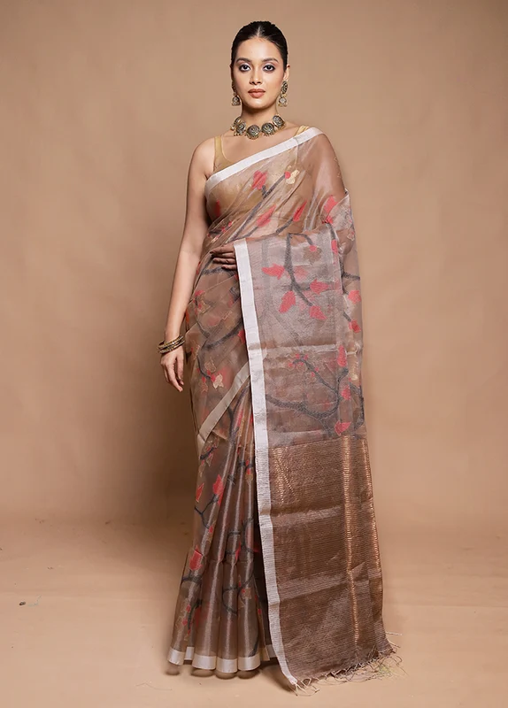 Brown Handloom Matka Pure Silk Saree With Blouse Piece Onesize