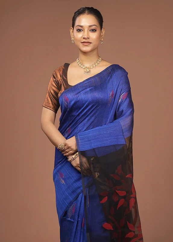 Blue Handloom Matka Pure Silk Saree With Blouse Piece One Size