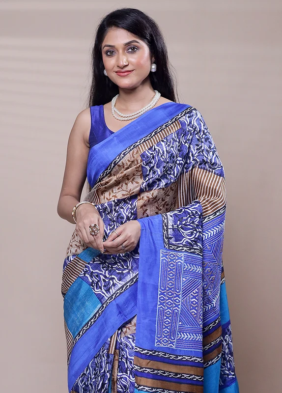 Blue Printed Pure Silk Saree With Blouse Piece Onesize