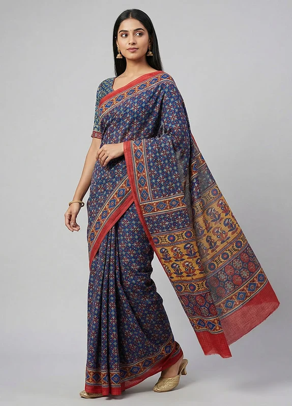 Blue Printed Pure Silk Saree Without Blouse Piece One Size