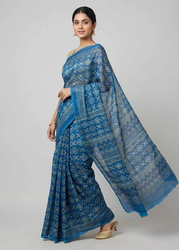 Blue Printed Pure Silk Saree Without Blouse Piece One Size