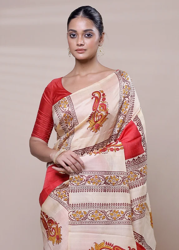 Cream Printed Pure Silk Saree Without Blouse Piece Onesize