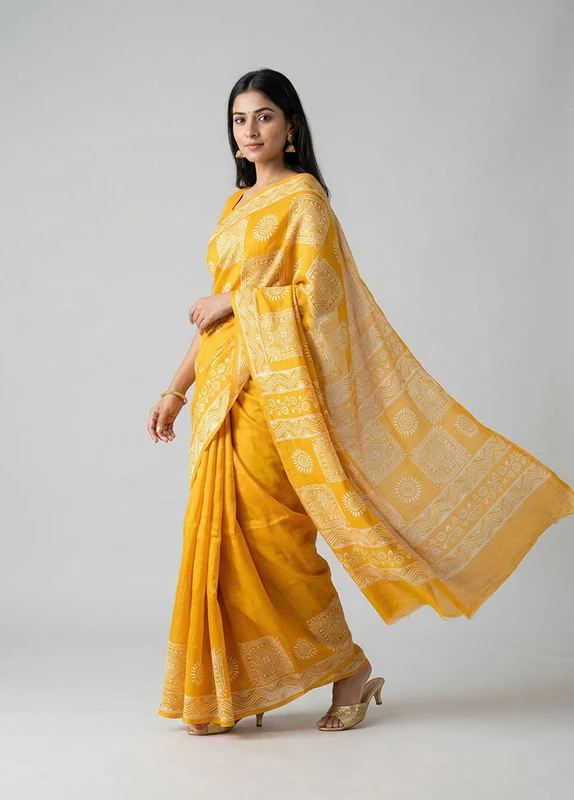 Yellow Printed Silk Saree Without Blouse Piece One Size