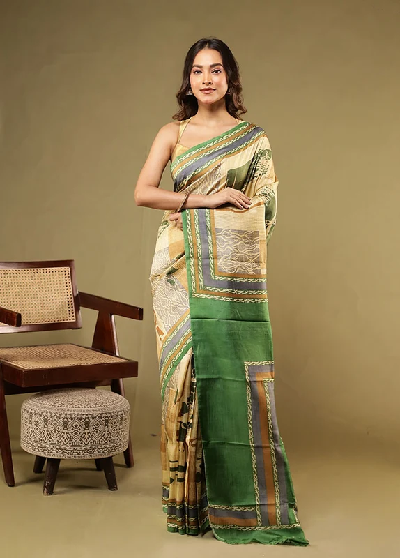 Cream Printed Pure Silk Saree Without Blouse Piece One Size