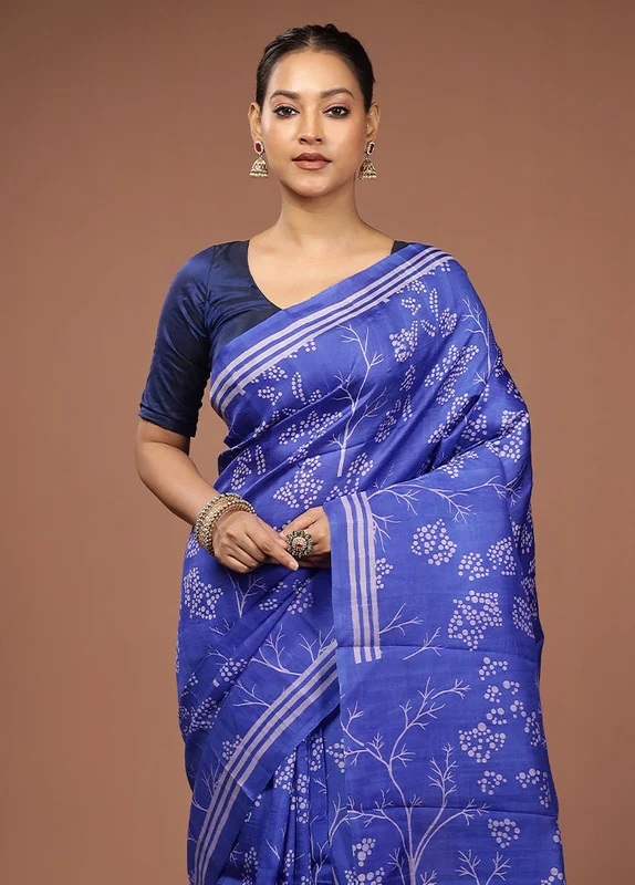 Blue Printed Pure Silk Saree Without Blouse Piece One Size