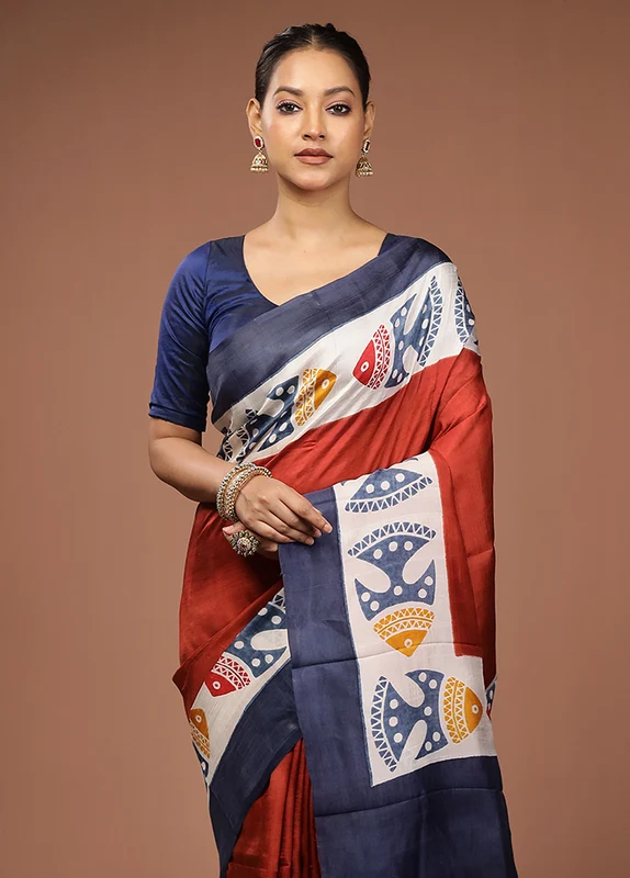 Maroon Printed Pure Silk Saree Without Blouse Piece One Size