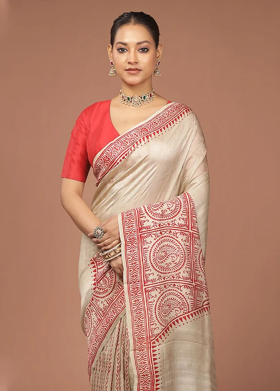 Cream Printed Pure Silk Saree Without Blouse Piece One Size