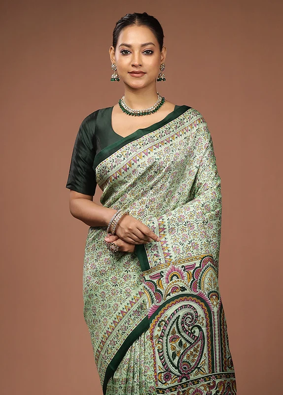 Green Printed Pure Silk Saree Without Blouse Piece One Size