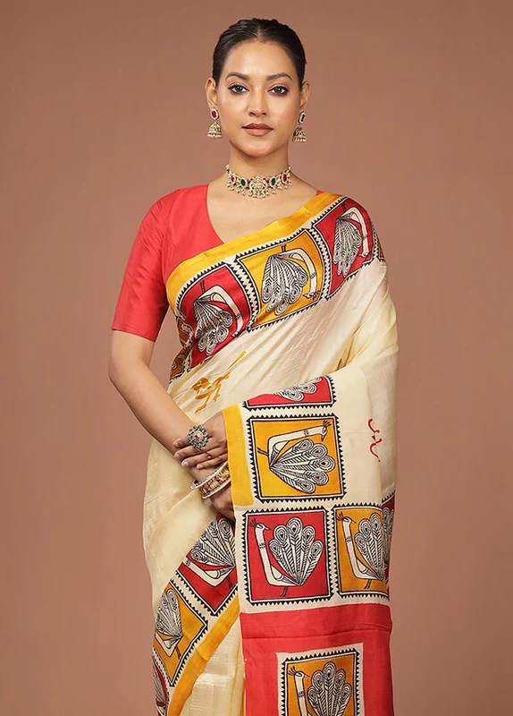 Cream Printed Pure Silk Saree Without Blouse Piece One Size