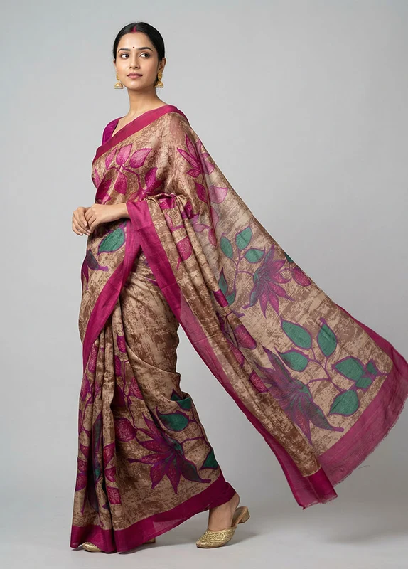 Pink Printed Silk Saree Without Blouse Piece One Size