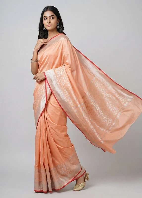 Peach Banarasi Silk Saree With Blouse Piece One Size