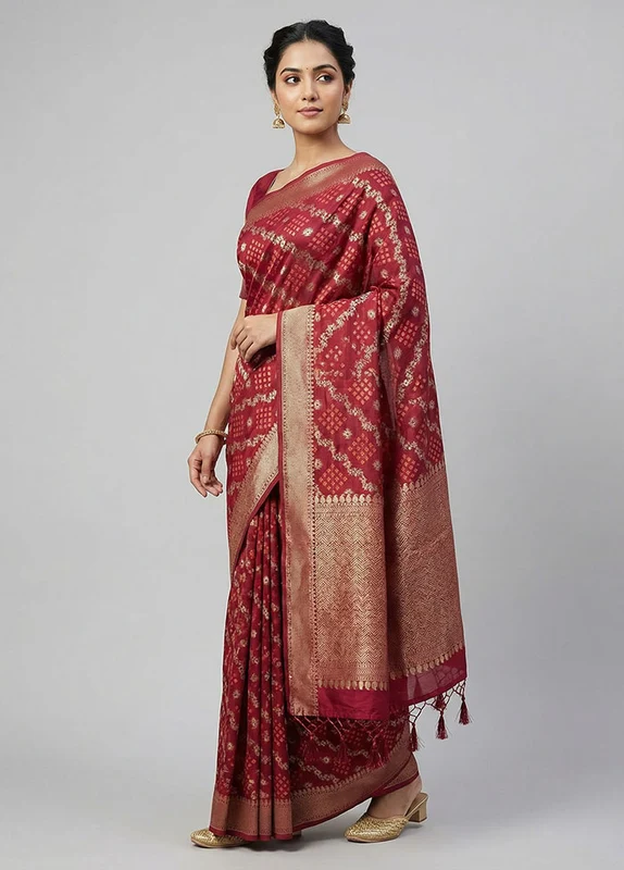 Pink Kora Silk Saree With Blouse Piece One Size