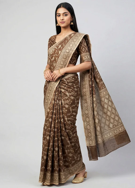 Cream Kora Silk Saree With Blouse Piece One Size