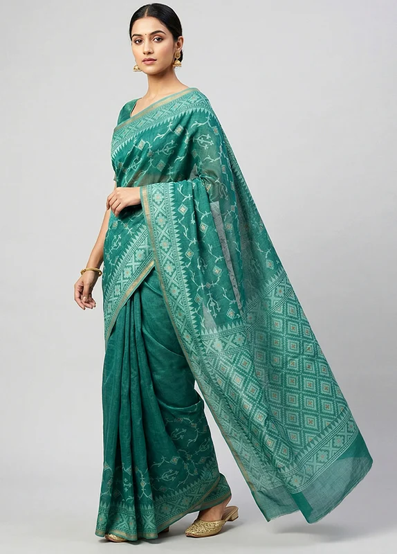 Green Kora Silk Saree With Blouse Piece One Size