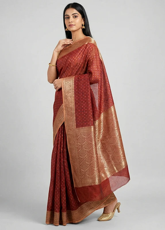 Maroon Kora Silk Saree With Blouse Piece One Size